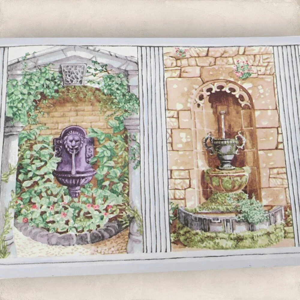 Vintage Border Paper Wallpaper Fountains Landscape Scenes Cottagecore Lot 20 yds